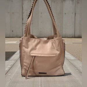 Max Studio Studded Tote Bag Beige Boho Vegan Leather Shoulder Bag Zip Pockets